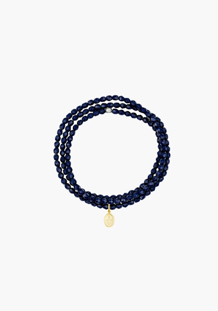 Bracelet 3 Tours Ou Collier Bleu Marine pendentif Petite Madone dorée - Têtes Blondes