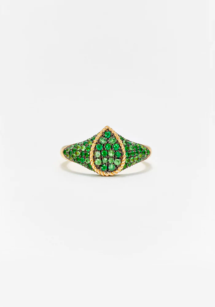 Bague Baby Chevaliere Poire Or Jaune Tsavorites Vertes - Yvonne Leon