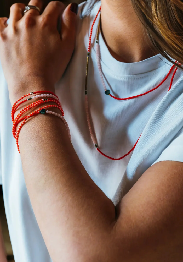 Bracelet 6 Tours Ou Sautoir Amour Rouge Et Rose - Têtes Blondes