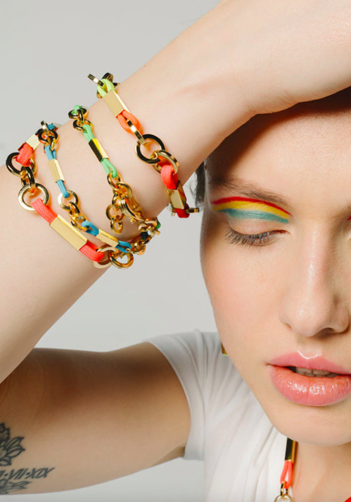 Bracelet Arc-En-Chaîne XXL Palladium Et Cordon Gris