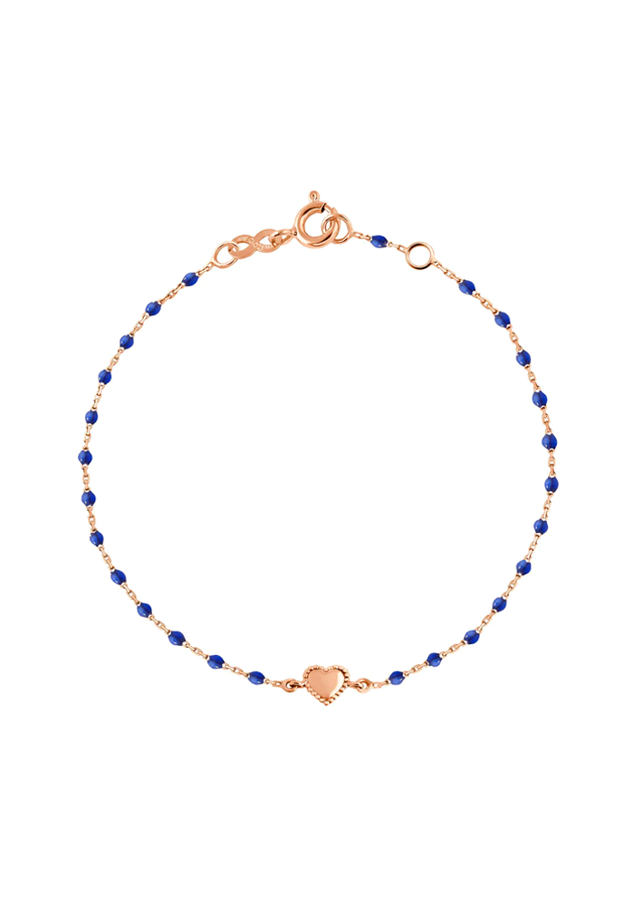 Bracelet Lucky Coeur Or Rose Et Résines Bleu Prusse 17cm