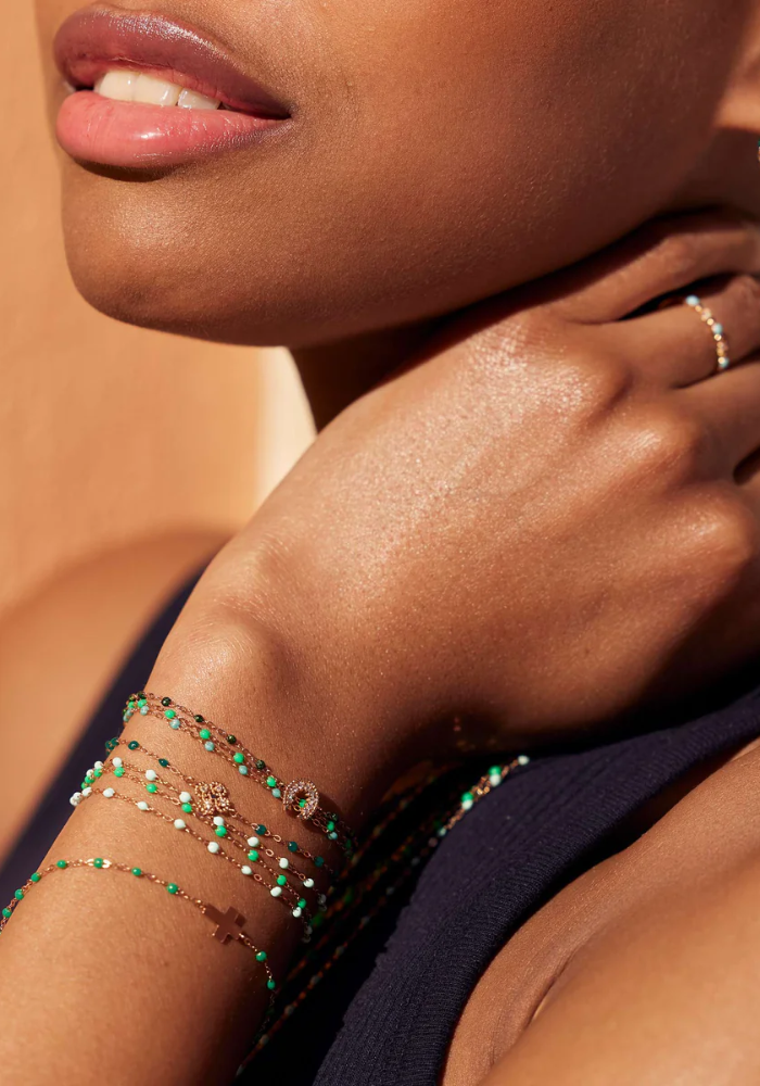 Bracelet Lucky Trèfle Diamant Or Rose Et Résines Émeraude 17cm - Gigi Clozeau