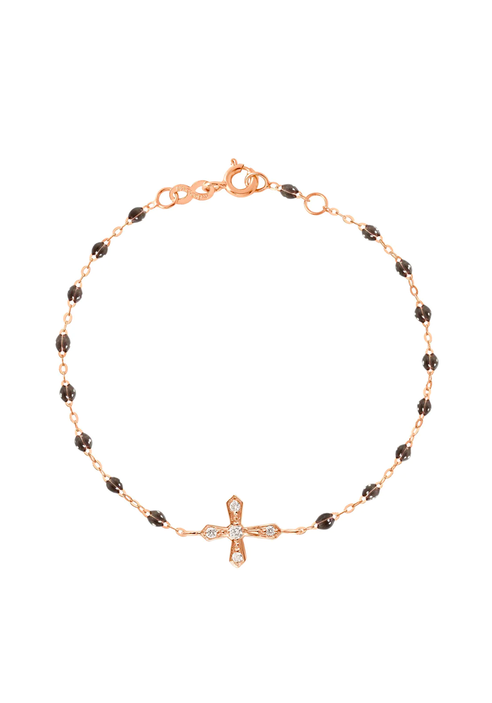 Bracelet Croix Vintage Diamants Or Rose Et Résine Quartz 17 cm - Gigi Clozeau