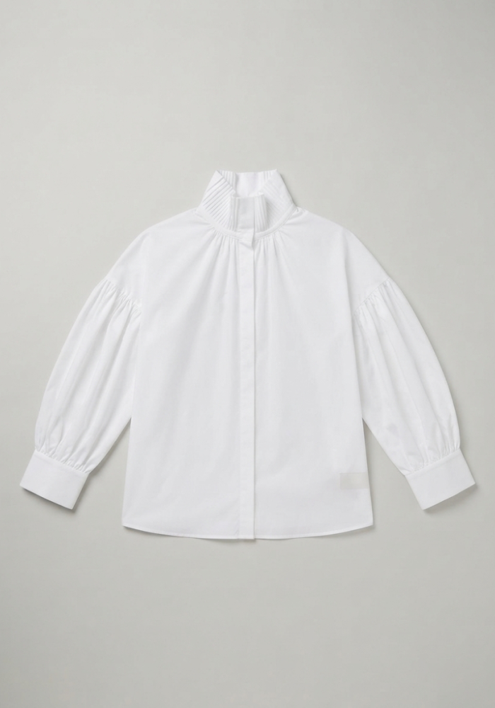 Chemisier Blanc Col Cheminée Manches Bouffantes