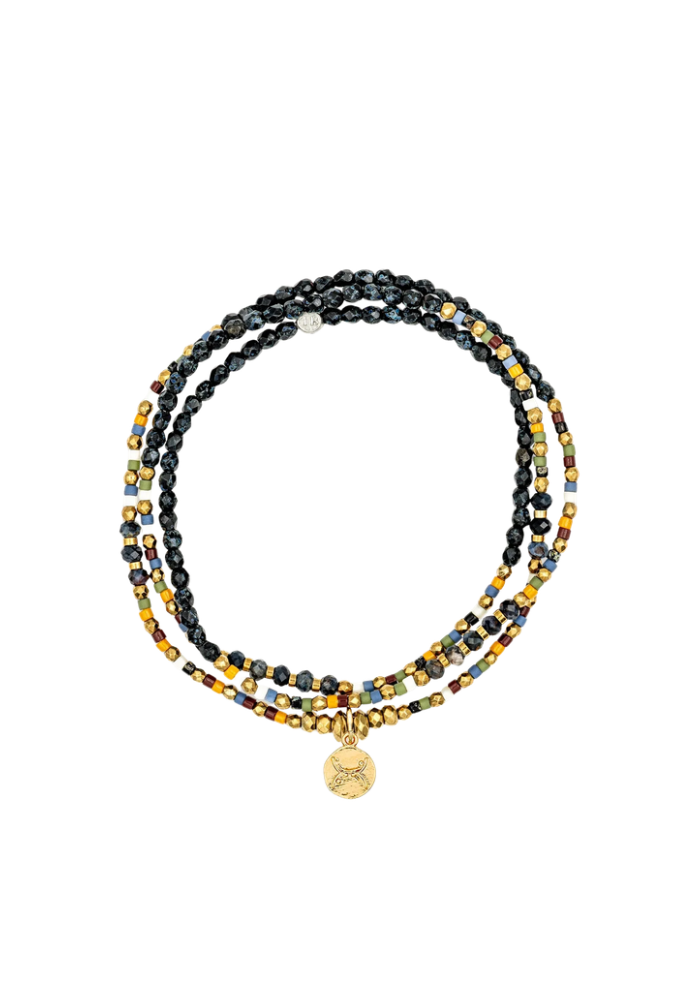 Collier Bracelet 3 Tours Sigils Noir Rock Et Multicolore Pendentif Connexion Doré - Têtes Blondes