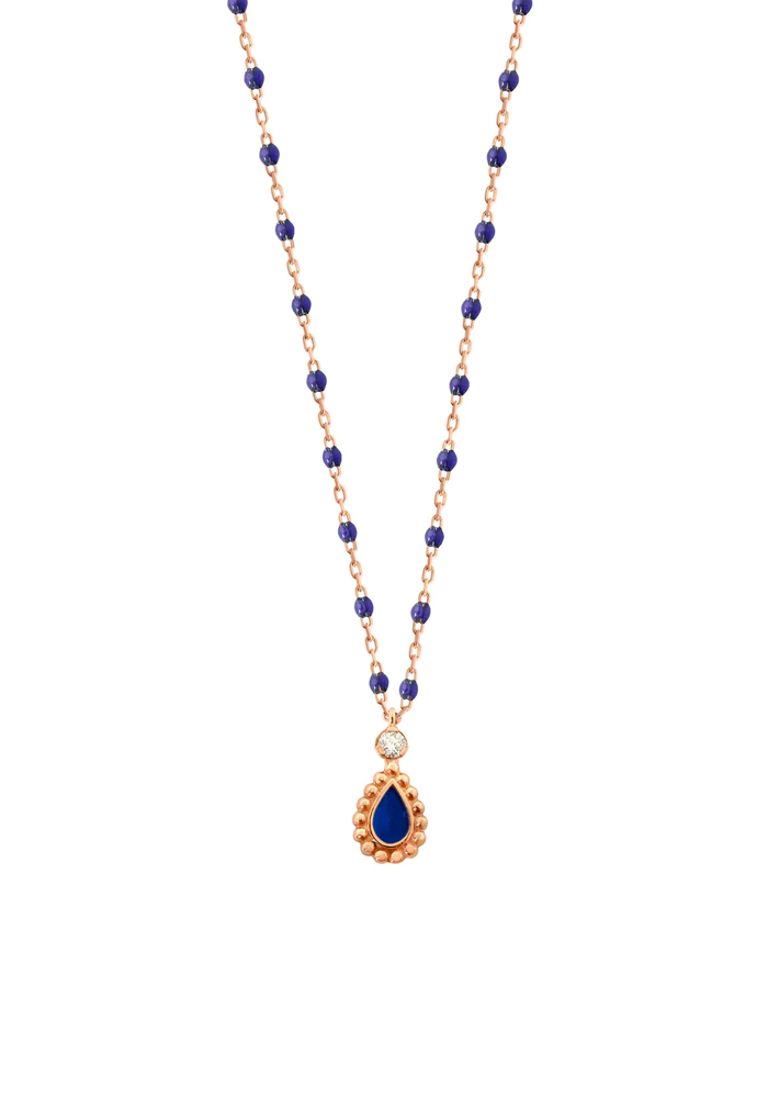 Collier Lucky Cashmere Or Rose Diamant Et Résines Bleu De Prusse 42cm - Gigi Clozeau