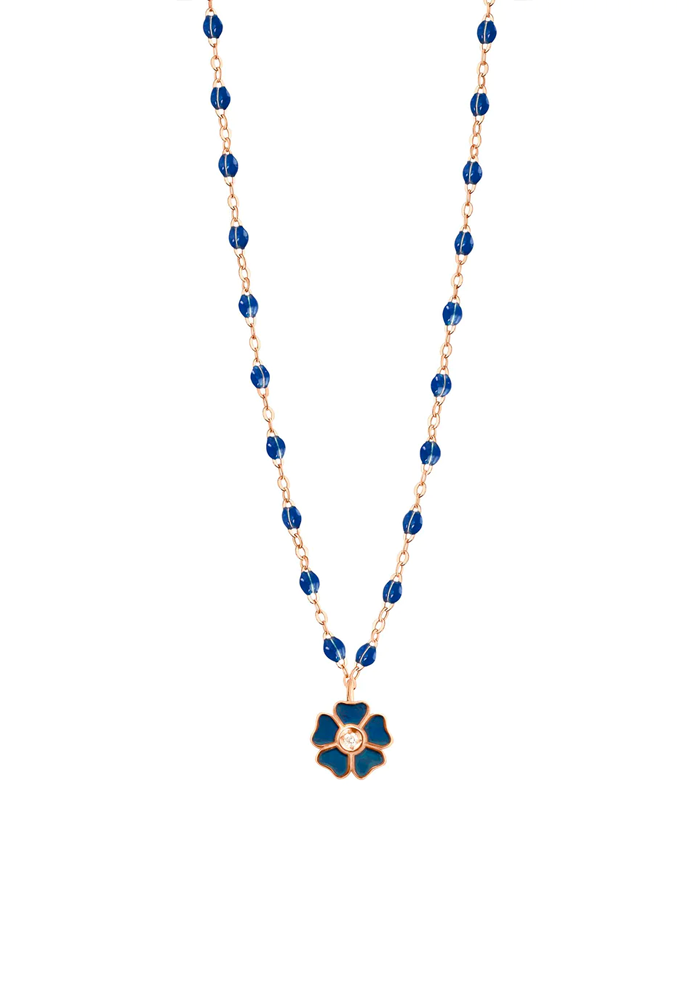 Collier Fleur Or Rose Diamant Et Résines Bleu De Prusse 42cm - Gigi Clozeau