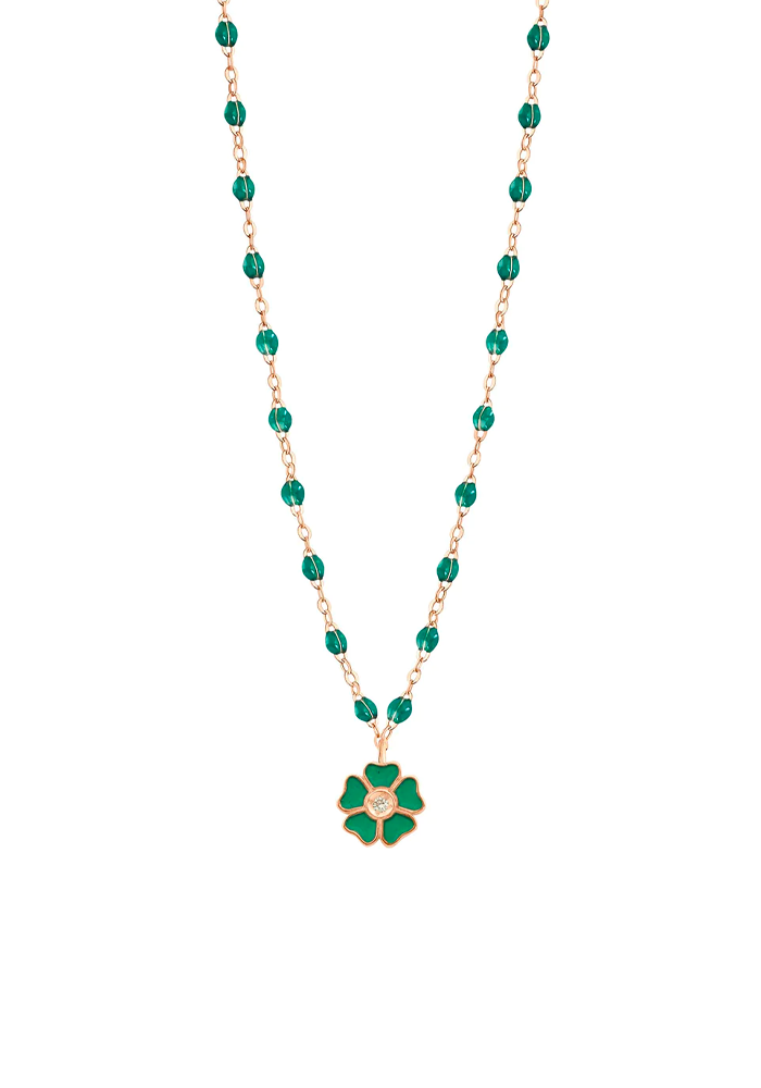 Collier Fleur Or Rose Diamant Et Résines Vert Émeraude 42cm - Gigi Clozeau