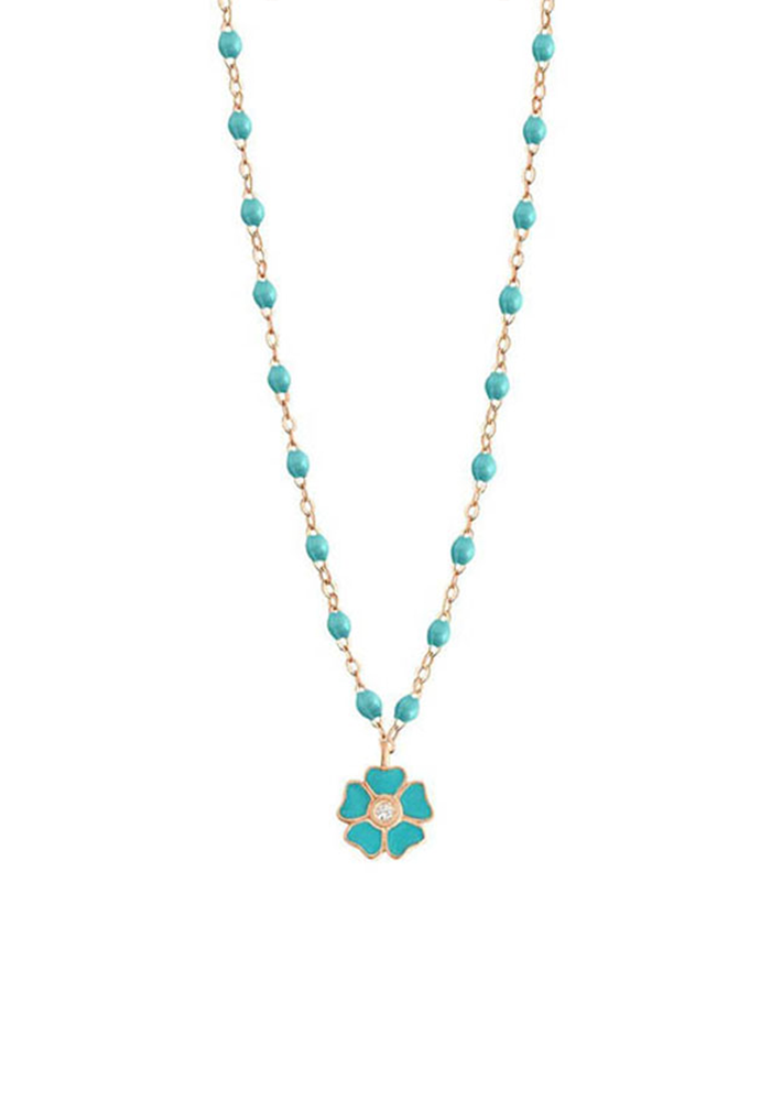 Collier Fleur Diamant Or Rose Et Résines Jade 42cm
