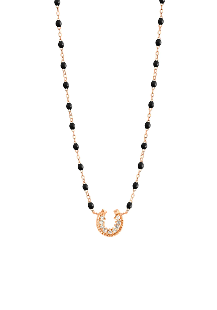 Collier Fer A Cheval Diamant Or Rose Et Résines Noir 42cm