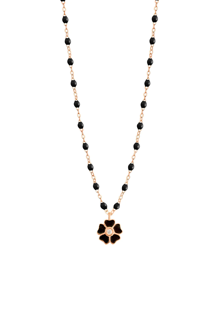 Collier Fleur Diamant Or Rose Et Résines Noir