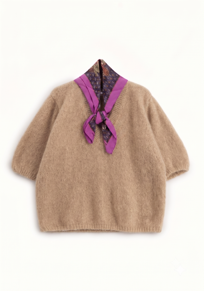 Pull En Maille Manches Courtes Col V Et Foulard Beige - Dixie