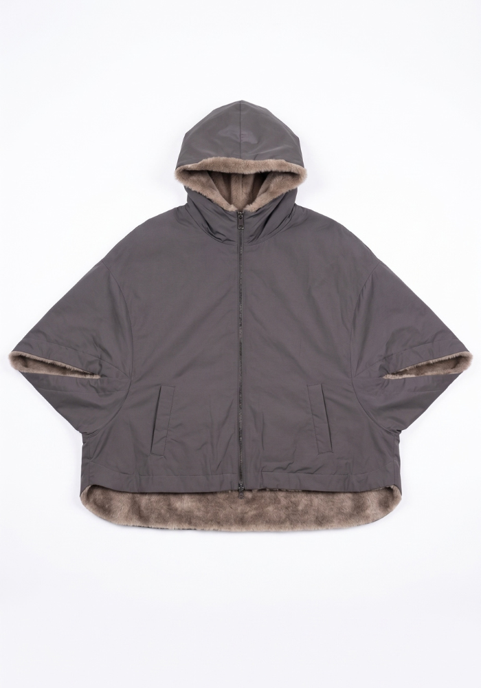 Parka Cape Reversible Fausse Fourrure Gris Moka - Lou Andrea
