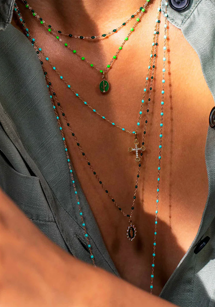 Sautoir Classique Gigi Or Rose Et Résines Turquoise Vert 86cm - Gigi Clozeau