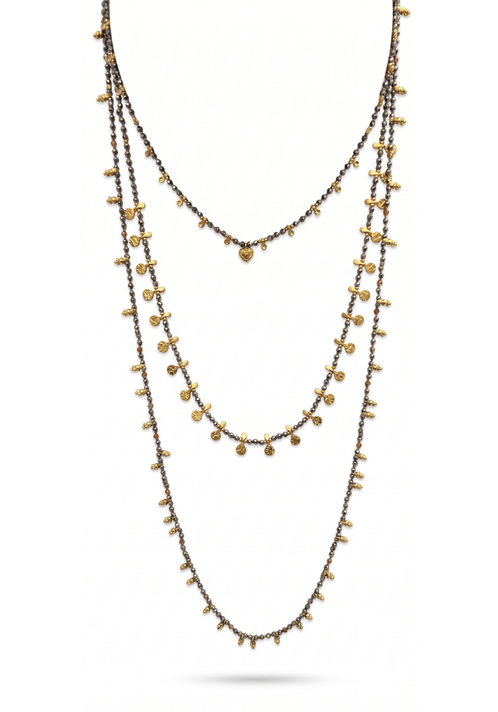 Set De 3 Colliers Multi Perles En Pyrite Et Pastilles Rondes Marteles En Acier Inoxydable Dore + Perles Orange Et Coeur Dore Au Centre