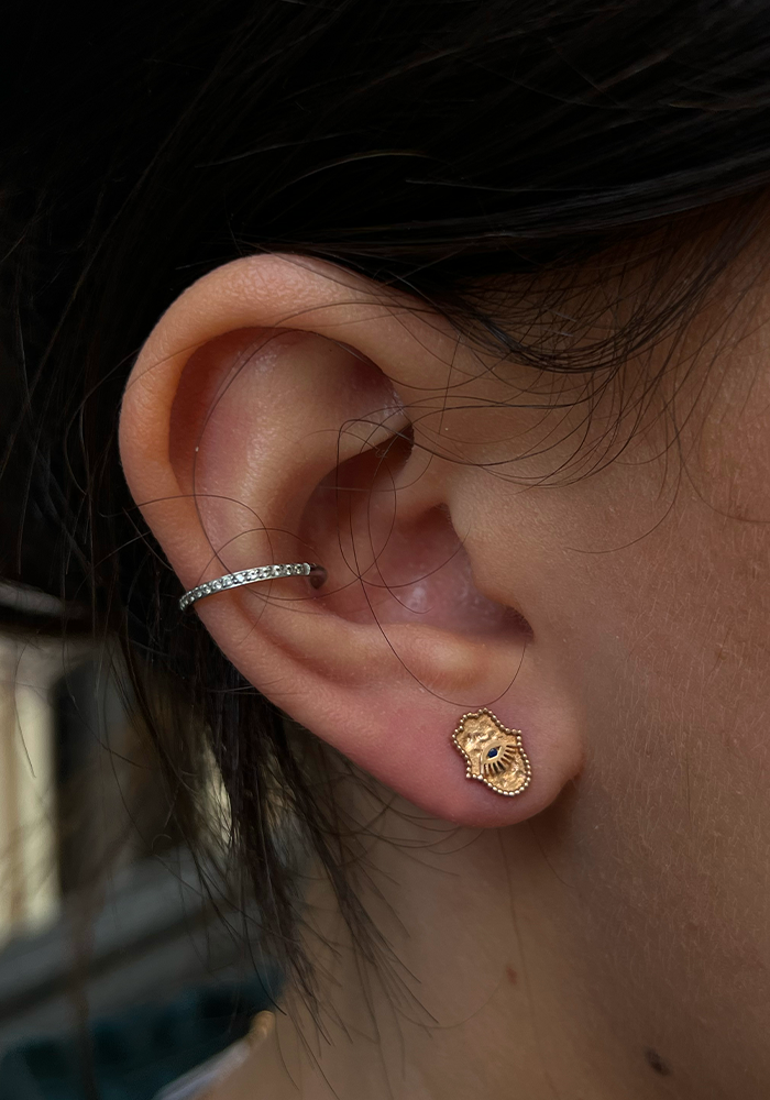 Boucle D'oreille "Hamsa Main" En Saphir Et Or Rose