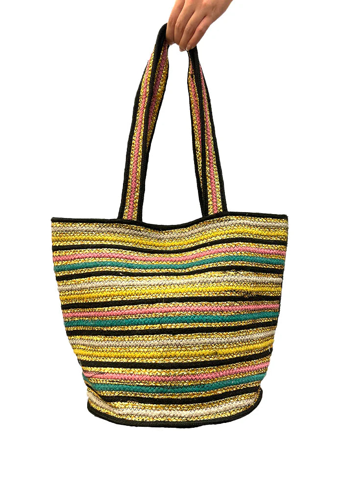 Cabas Rayé Doré, Multicolore Et Noir - Blush Sélection Maroquinerie