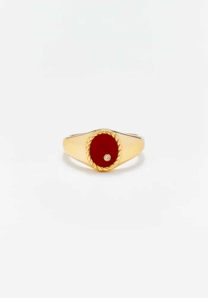 Mini Bague Chevalière Ovale Agate Rouge - Yvonne Léon