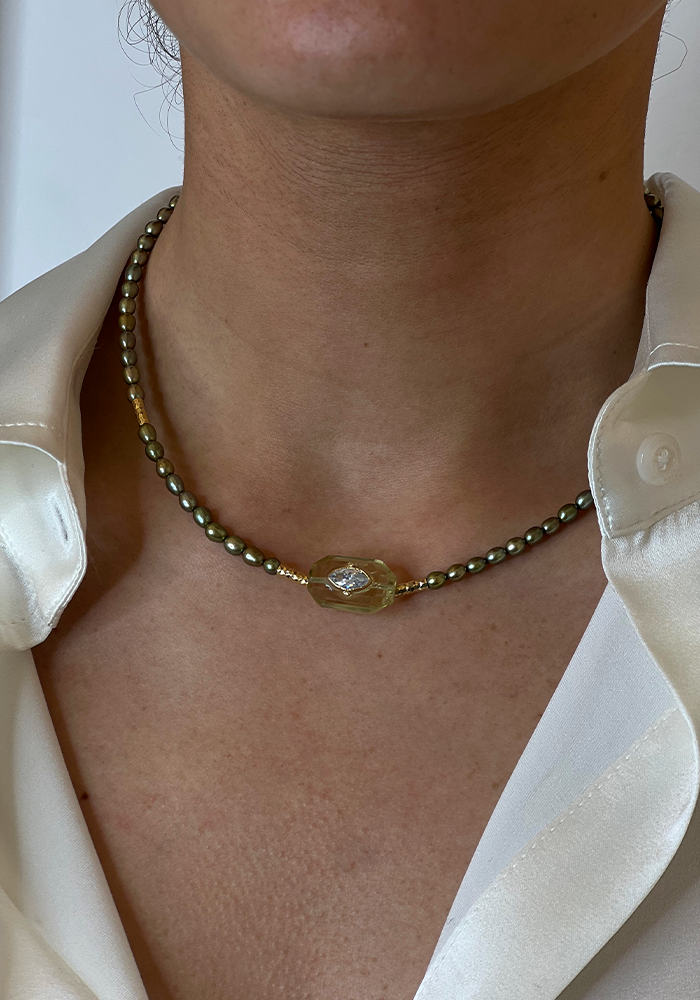 Choker Inside Perles Kakis Et Quartz Lemon - Hanka In