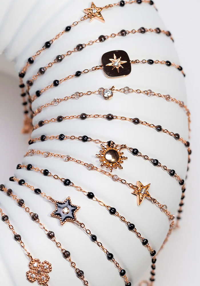 Bracelet Classique Gigi Étoile Diamant Or Rose Et Résines Noires 17cm