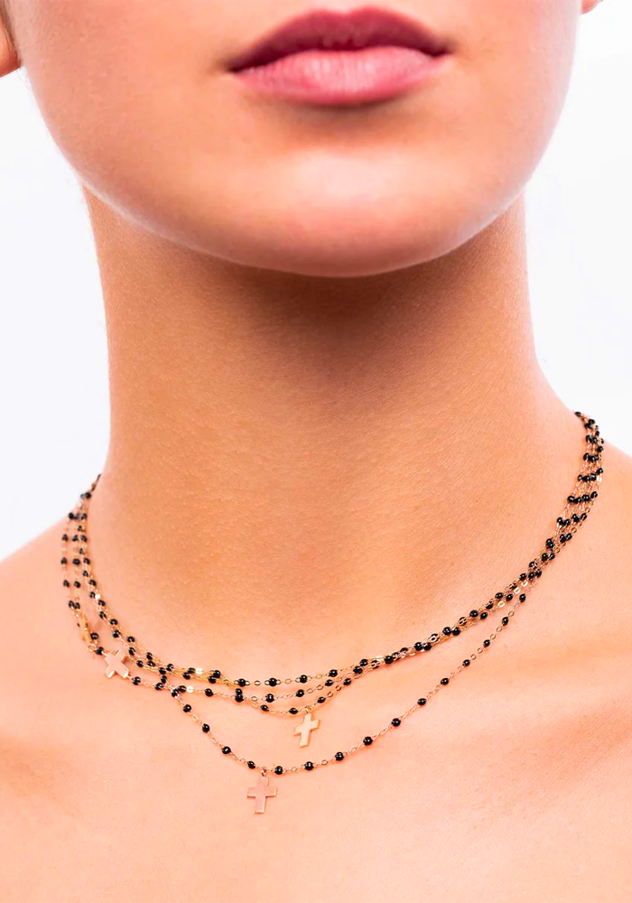 Collier Croix Côté Or Rose Et Résine Noire 42cm - Gigi Clozeau