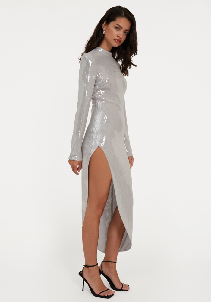 Robe Sequin Slit Sequins Gris Clair - Rotate