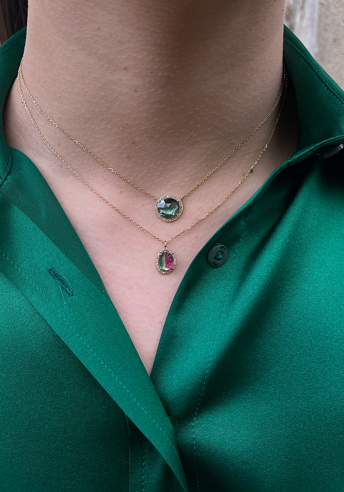Collier Stella Tourmaline Mi Rose Mi Verte Entouree De Diamants BlancsCollier Stella Tourmaline Watermelon - Céline Daoust