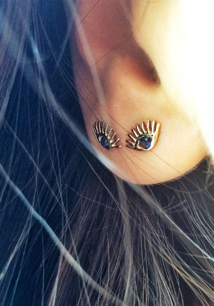 Boucle D'oreille Puce "Evil Eye" En Or Rose Et Saphir