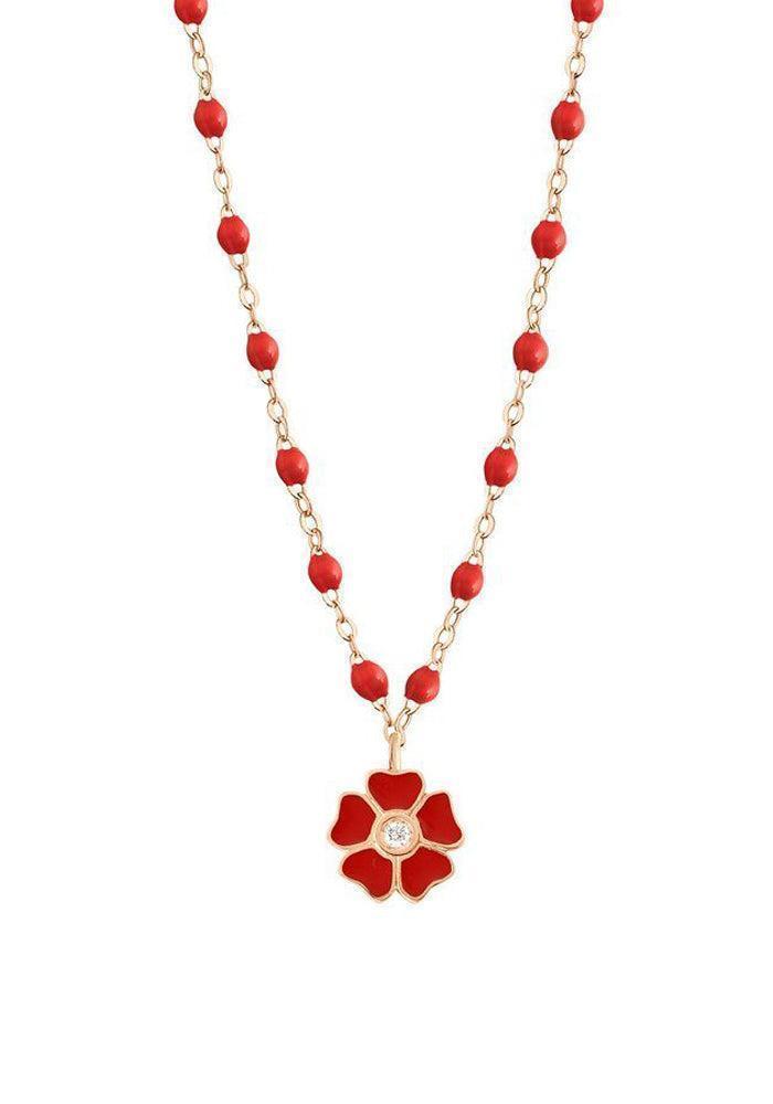 Collier Fleur Or Rose Diamant Et Résines Coquelicot 42cm