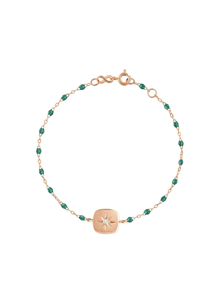 Bracelet Miss Gigi Or Rose Diamant Et Résines Emeraude 17cm