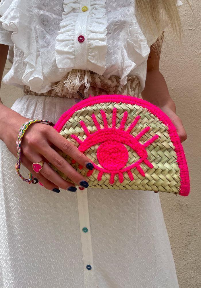 Neon Pink Wicker Eye Pouch