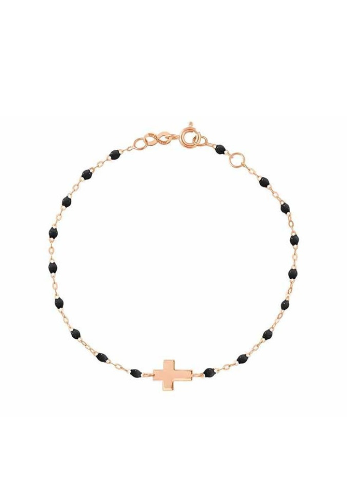 Bracelet Croix Or Rose Et Résines Noir 17cm