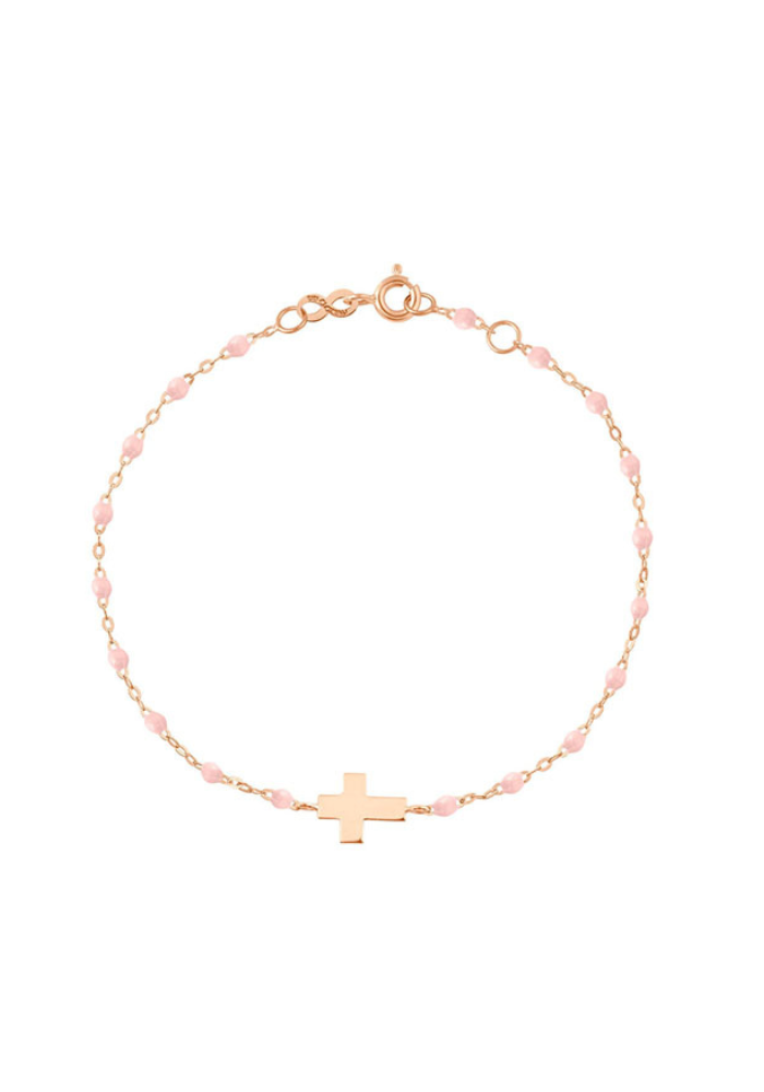 Bracelet Croix Or Rose Et Résines Roses Bébé 17cm