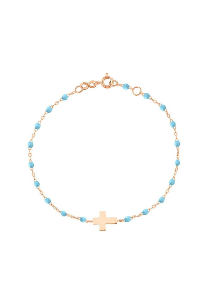 Bracelet Croix Or Rose Et Résines Turquoises 17cm