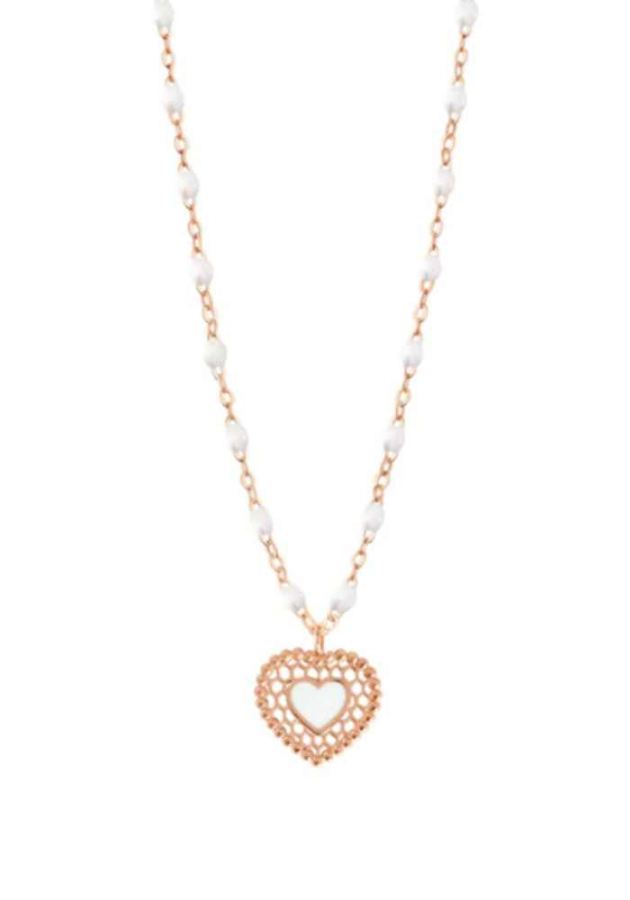 Collier Coeur Dentelle Or Rose Et Résines Blanches 42cm