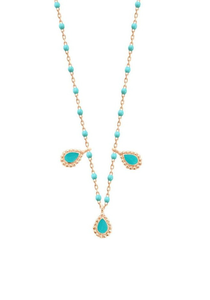 Collier Lucky Cashmere Or Rose Et Résine Turquoise Vert 42cm