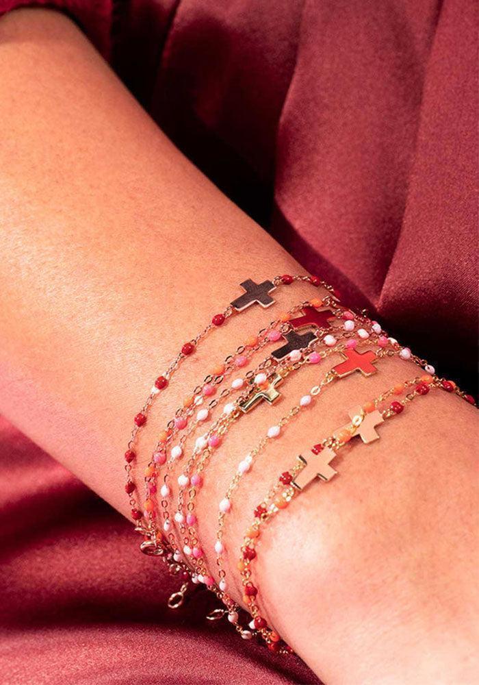 Bracelet Croix Or Rose Et Résines Roses Bébé