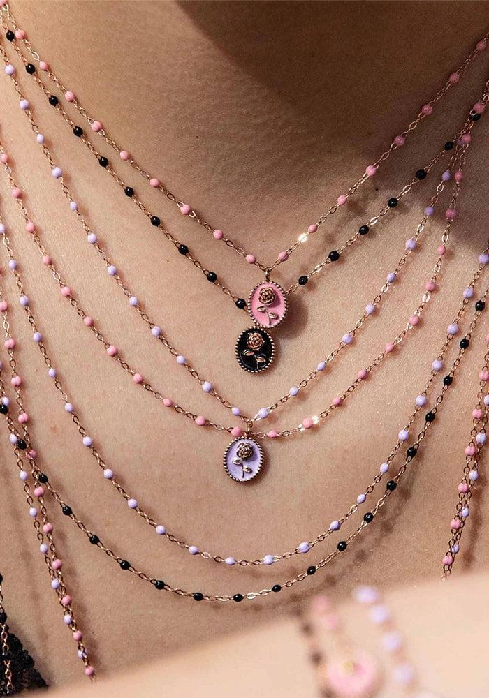 Collier Rose 42 cm Or Rose Et Résine Noir