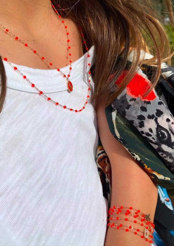 Collier Classique Gigi 42cm Or Rose Et Résines Corail