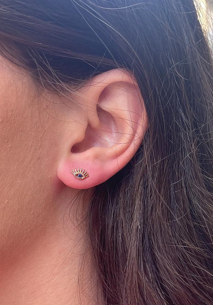 Boucle D'oreille Puce "Evil Eye" En Or Rose Et Saphir