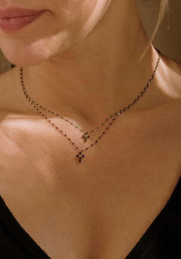 Collier Mini Gigi Croix Perlée Or Rose Diamant Et Résine Noir 42cm - Gigi Clozeau