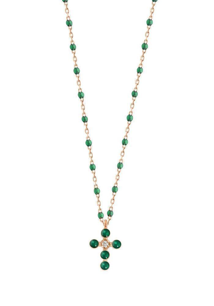 Collier Mini Gigi Croix Perlée Or Rose Diamant Et Résine Emeraude 42cm