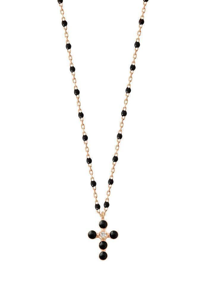 Collier Mini Gigi Croix Perlée Or Rose Diamant Et Résine Noir 42cm - Gigi Clozeau