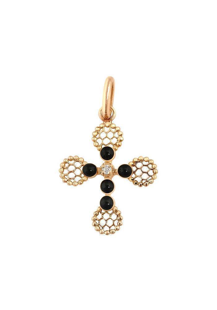 Pendentif Croix Dentelle Perlée Or Rose Diamant Et Résine Noir - Gigi Clozeau