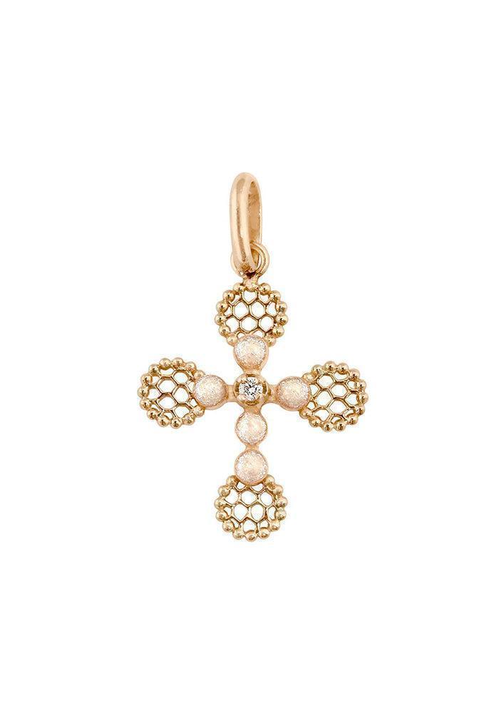 Cruz colgante de encaje con cuentas de oro rosa con diamantes y resina de ópalo