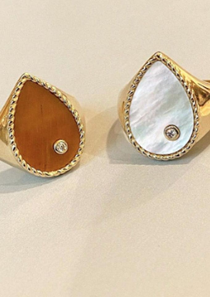 Bague Chevalière "Poire Nacre" Or Jaune 9k