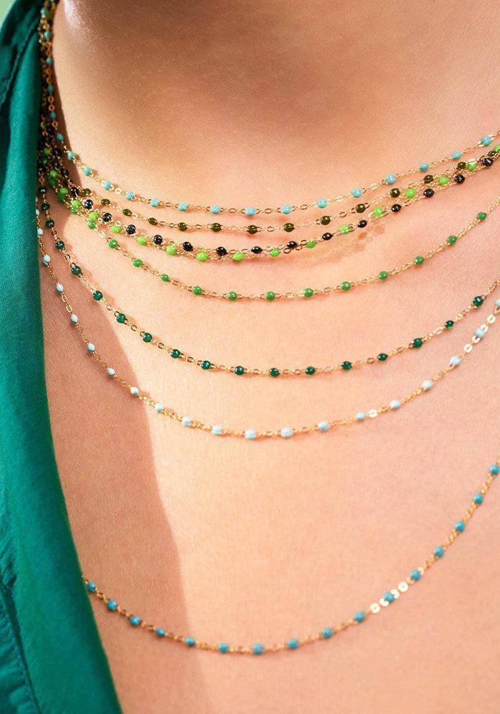 Collier Classique Gigi 42cm Or Rose Et Résines Turquoise Vert