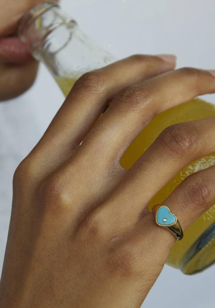 Bague Mini Chevalière Coeur Turquoise