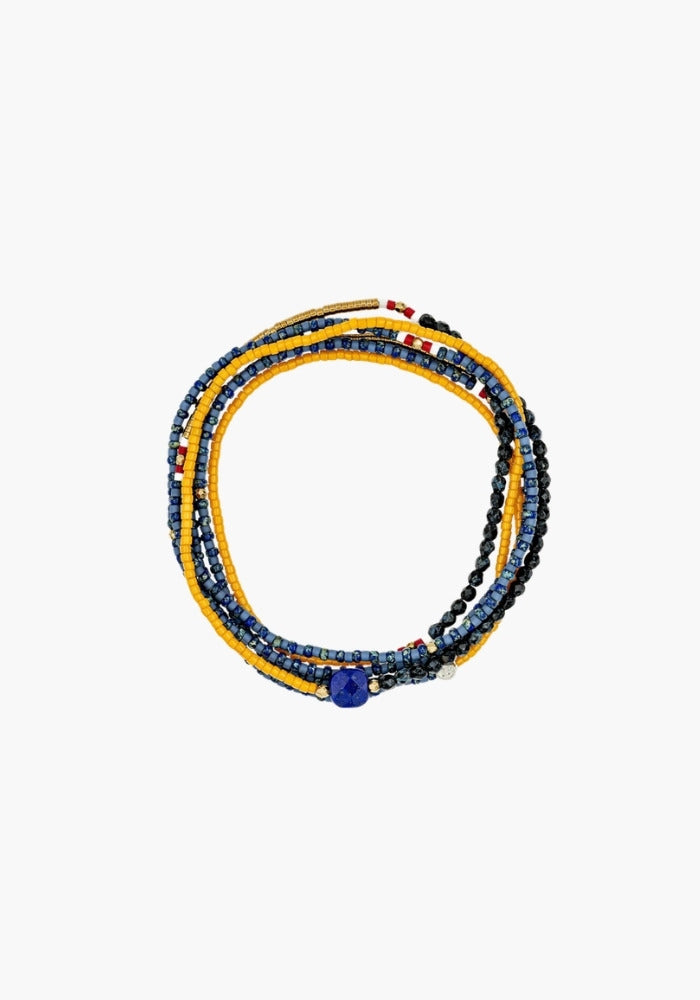 Bracelet 6 Tours Ou Sautoir Fusion Bleu Et Moutarde Slim - Têtes Blondes
