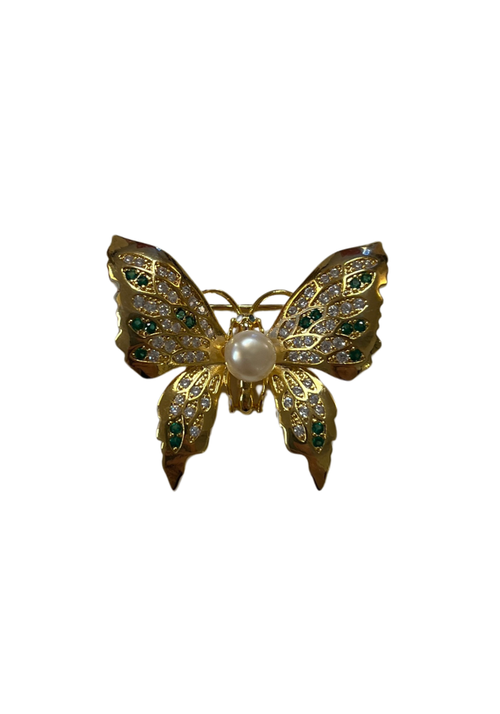Broche Papillon Strass Blancs Et Verts Et Perle Nacrée - Sélectionné par Blush